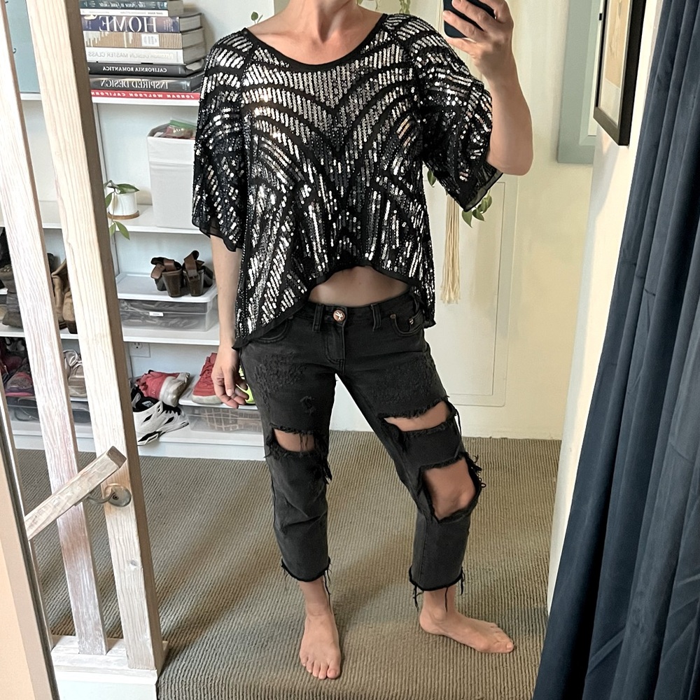 Sparkly Silver Sequin Black Festive Party Going Out Top by Nasty Gal